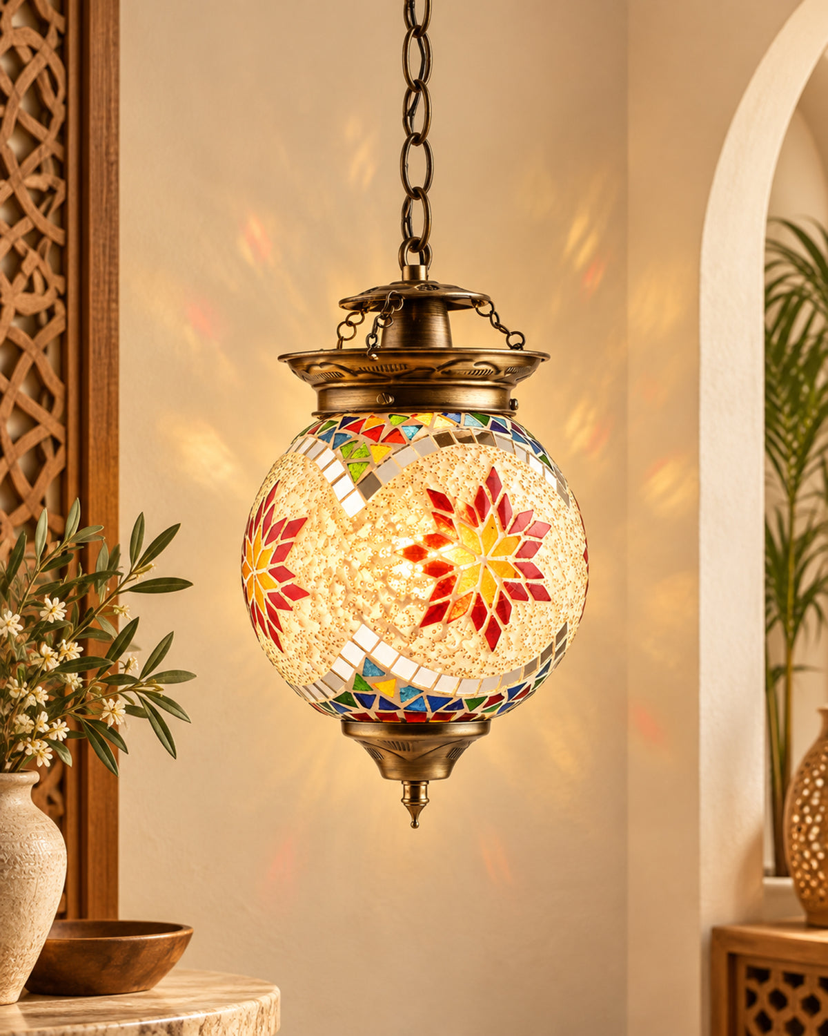 AntiqueTurkish Moroccan Mosaic Pendant with Metal hangings, Ceiling Hanging Light