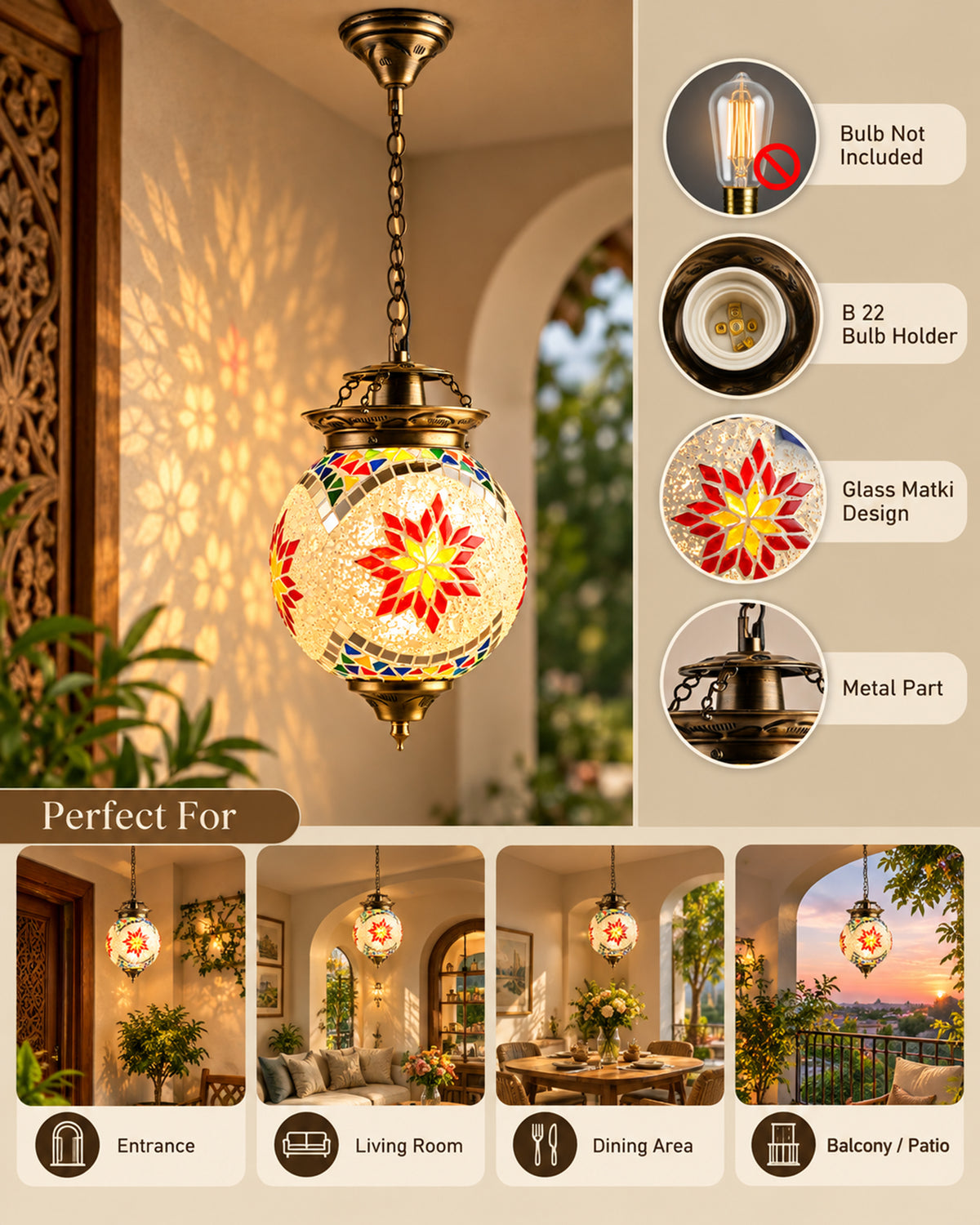 AntiqueTurkish Moroccan Mosaic Pendant with Metal hangings, Ceiling Hanging Light