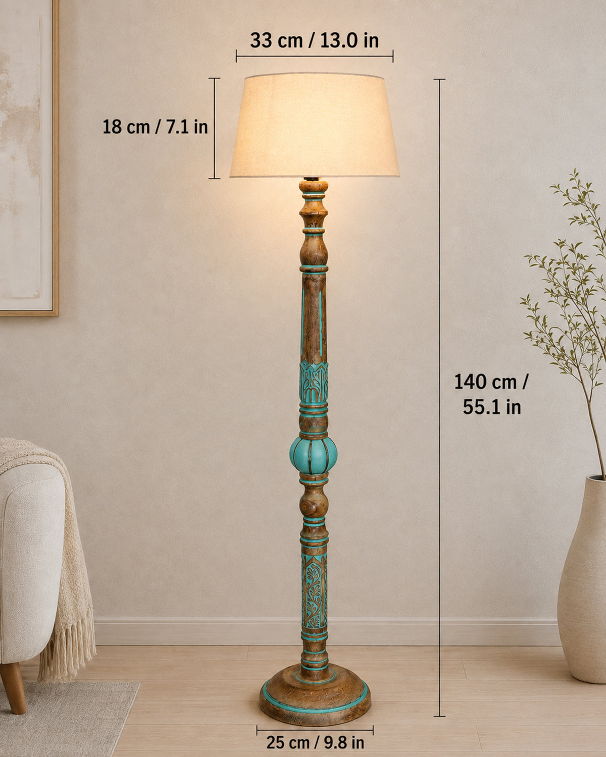 Royal Carving Antique Algae finish wooden floor lamp with Shade