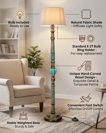 Royal Carving Antique Algae finish wooden floor lamp with Shade