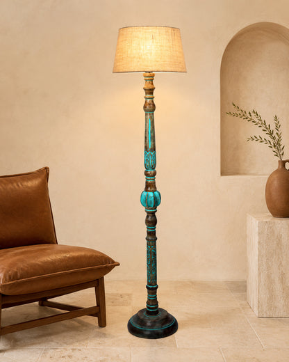 Royal Carving Antique Algae finish wooden floor lamp with Shade