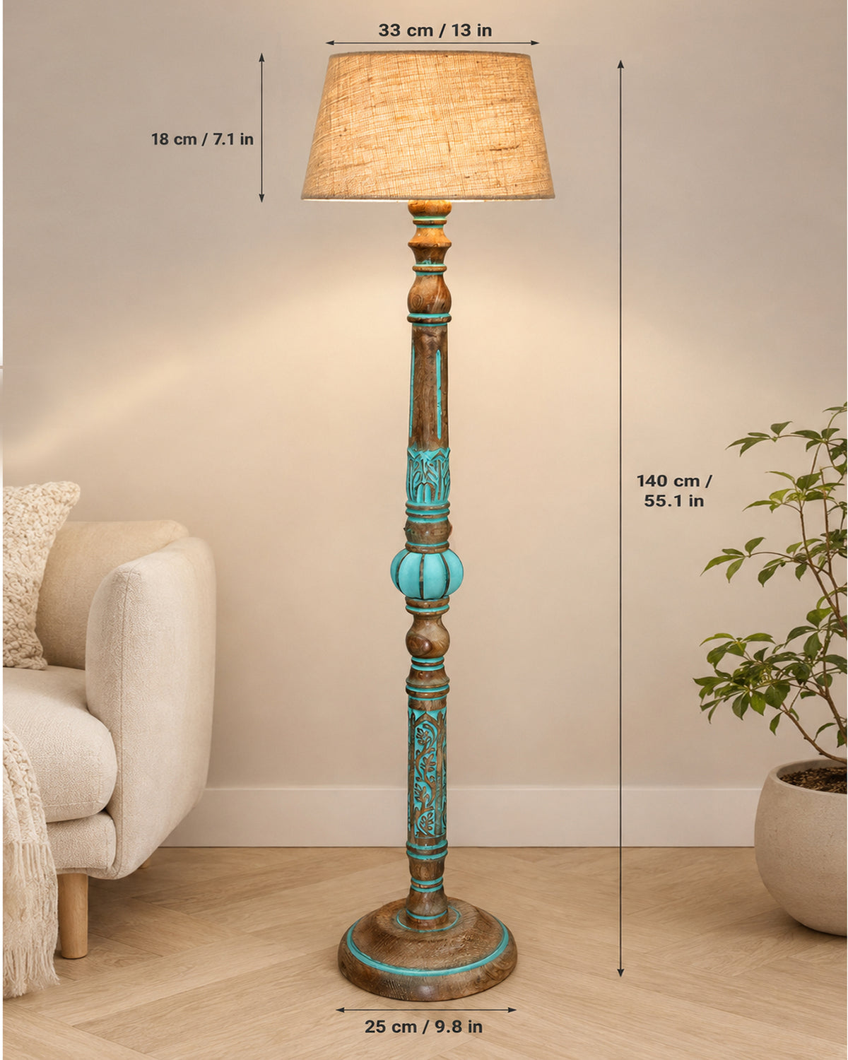 Royal Carving Antique Algae finish wooden floor lamp with Shade