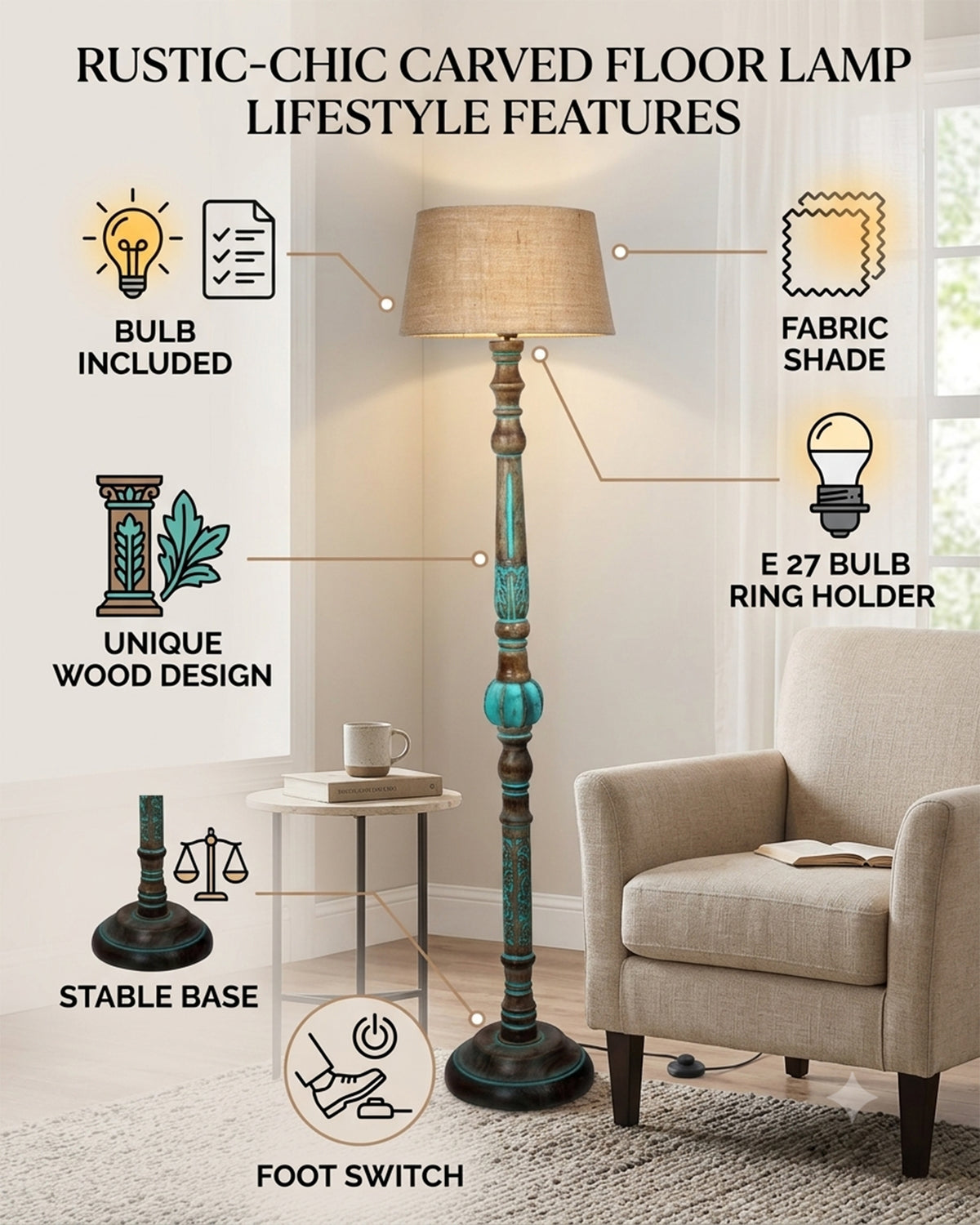 Royal Carving Antique Algae finish wooden floor lamp with Shade