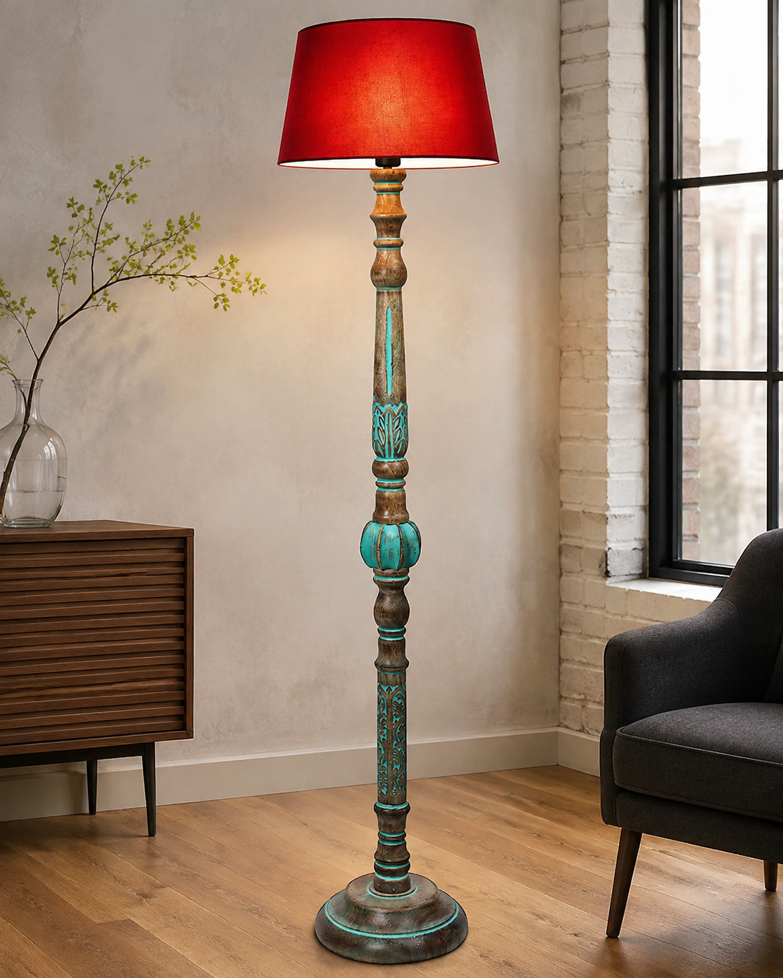 Royal Carving Antique Algae finish wooden floor lamp with Shade