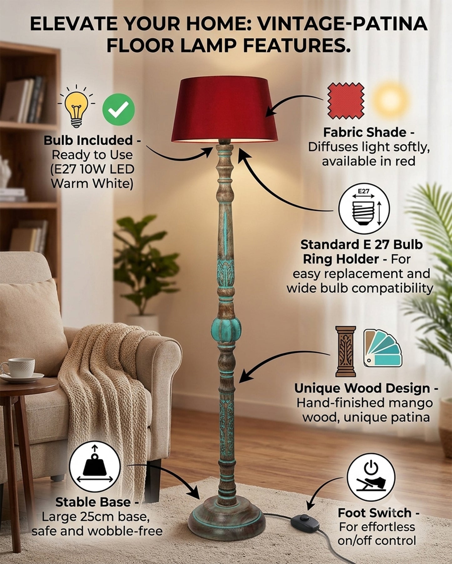Royal Carving Antique Algae finish wooden floor lamp with Shade