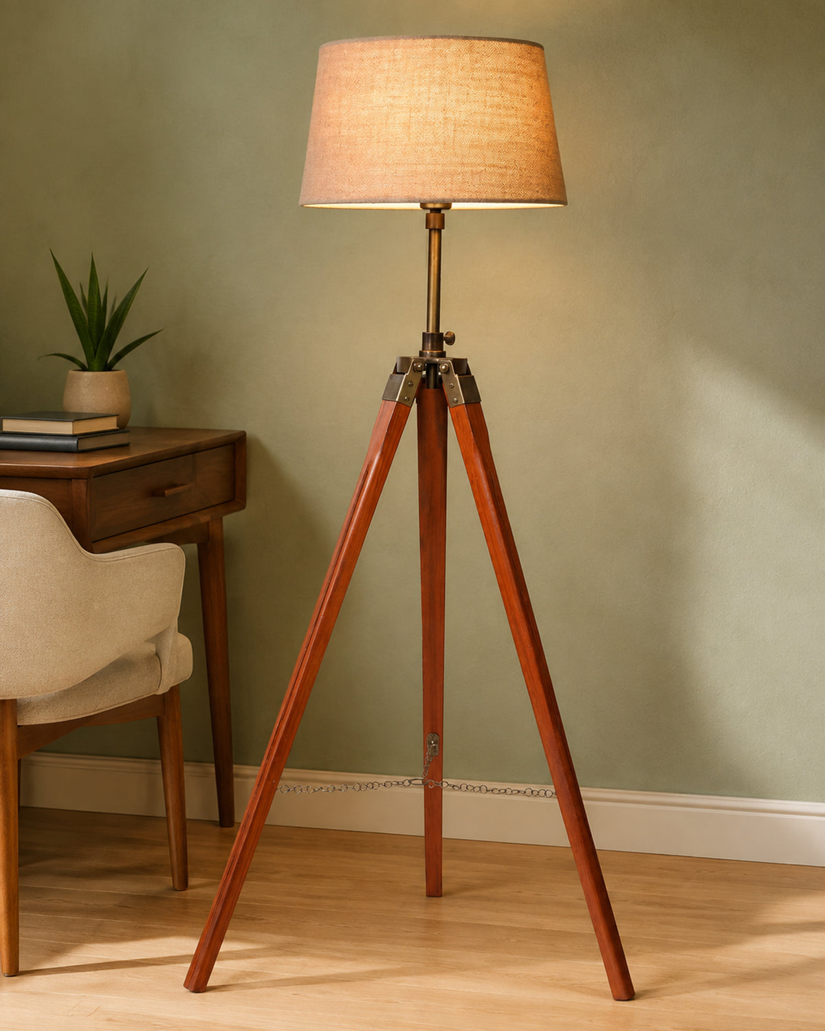 Tripod Floor Lamp with Shade Wooden, Brass Finish Industrial Nautical Marine Decorative Lamp