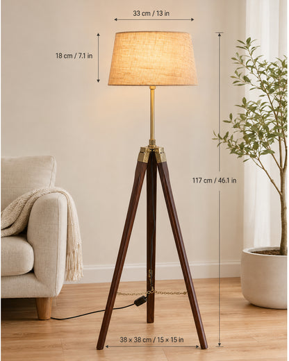 Tripod Floor Lamp with Shade Wooden, Brass Finish Industrial Nautical Marine Decorative Lamp