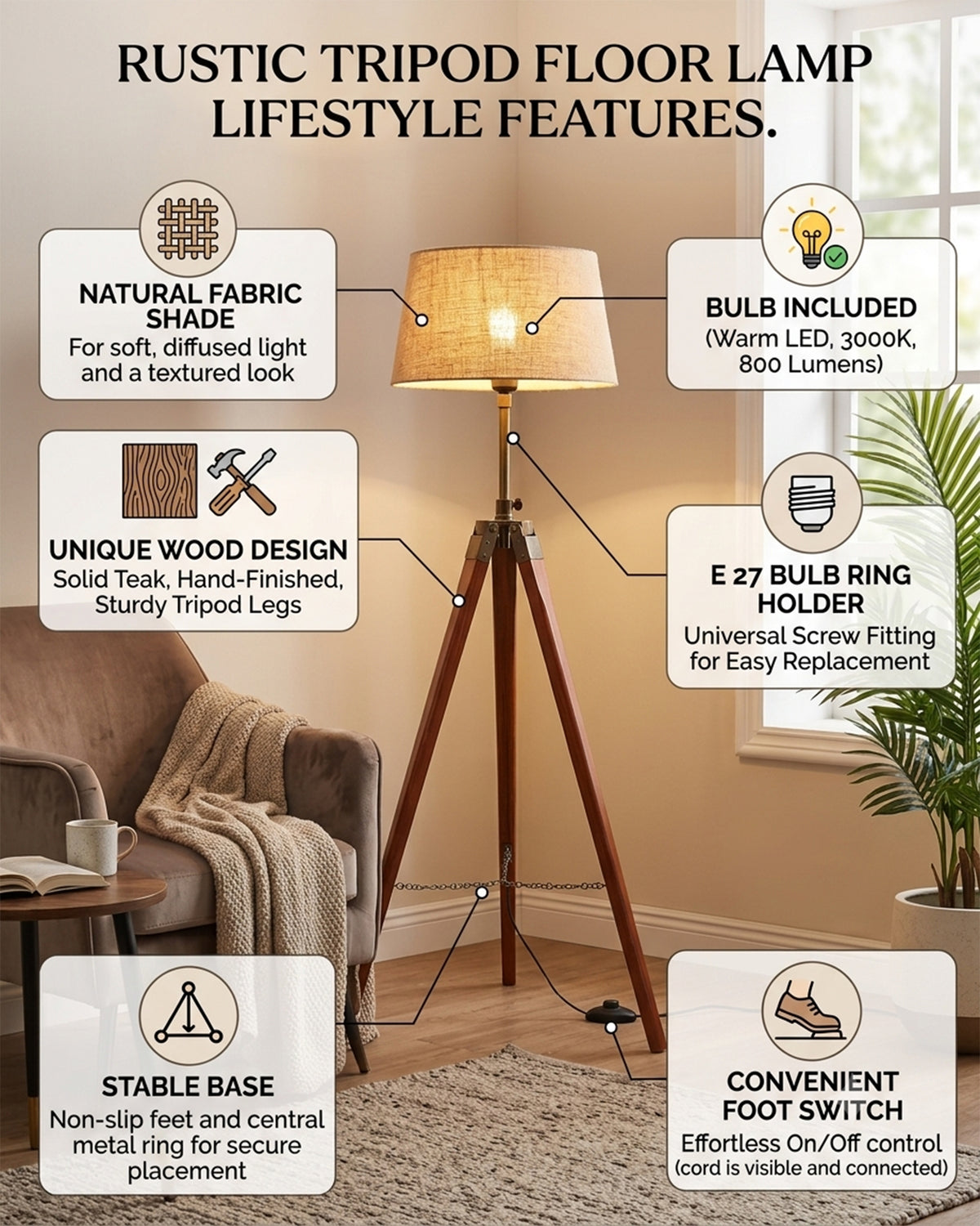 Tripod Floor Lamp with Shade Wooden, Brass Finish Industrial Nautical Marine Decorative Lamp