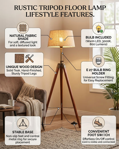 Tripod Floor Lamp with Shade Wooden, Brass Finish Industrial Nautical Marine Decorative Lamp