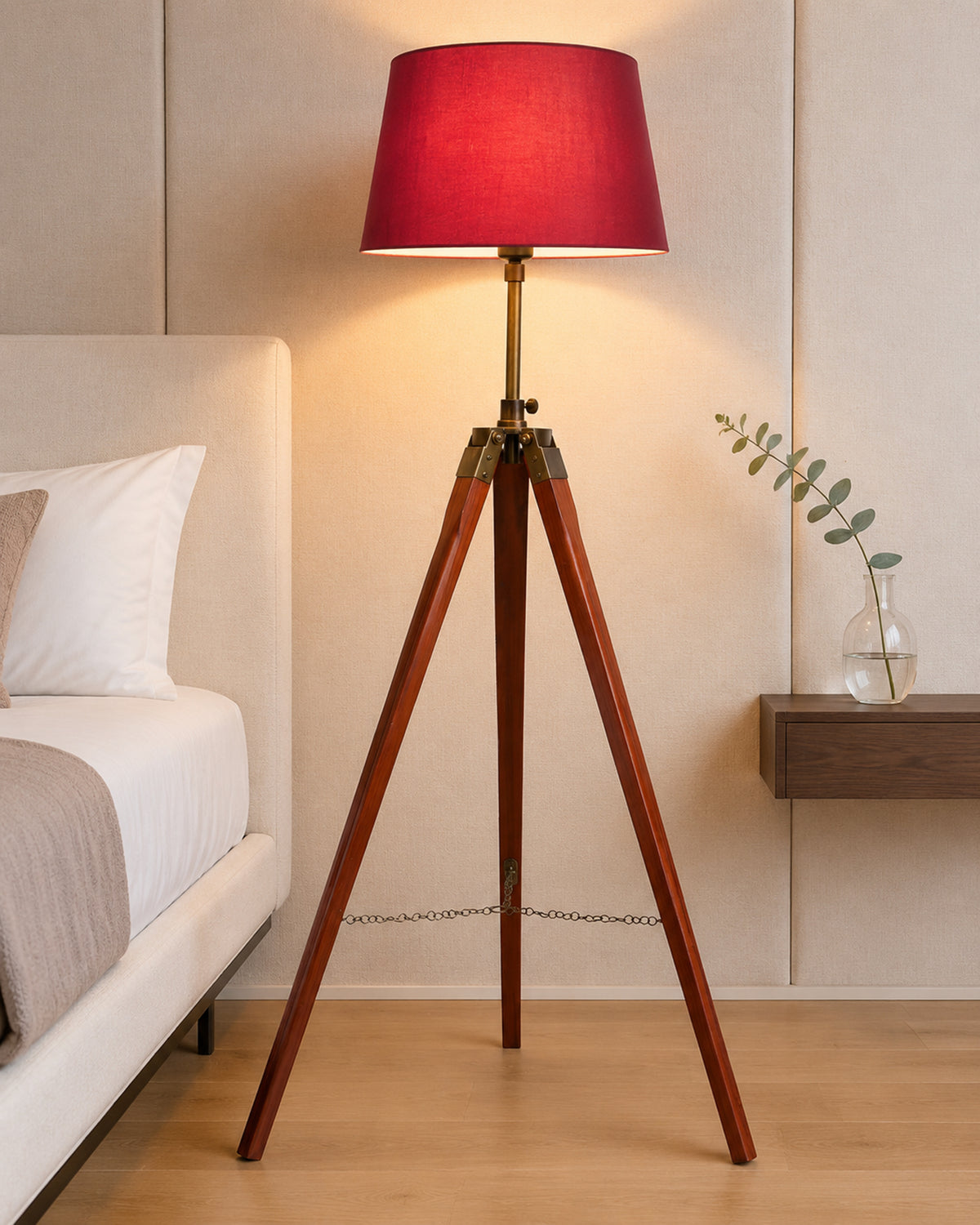 Tripod Floor Lamp with Shade Wooden, Brass Finish Industrial Nautical Marine Decorative Lamp