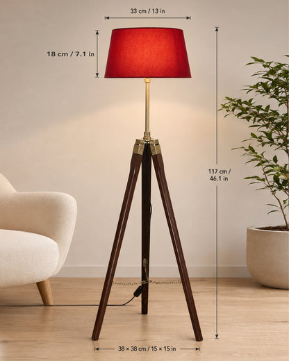 Tripod Floor Lamp with Shade Wooden, Brass Finish Industrial Nautical Marine Decorative Lamp