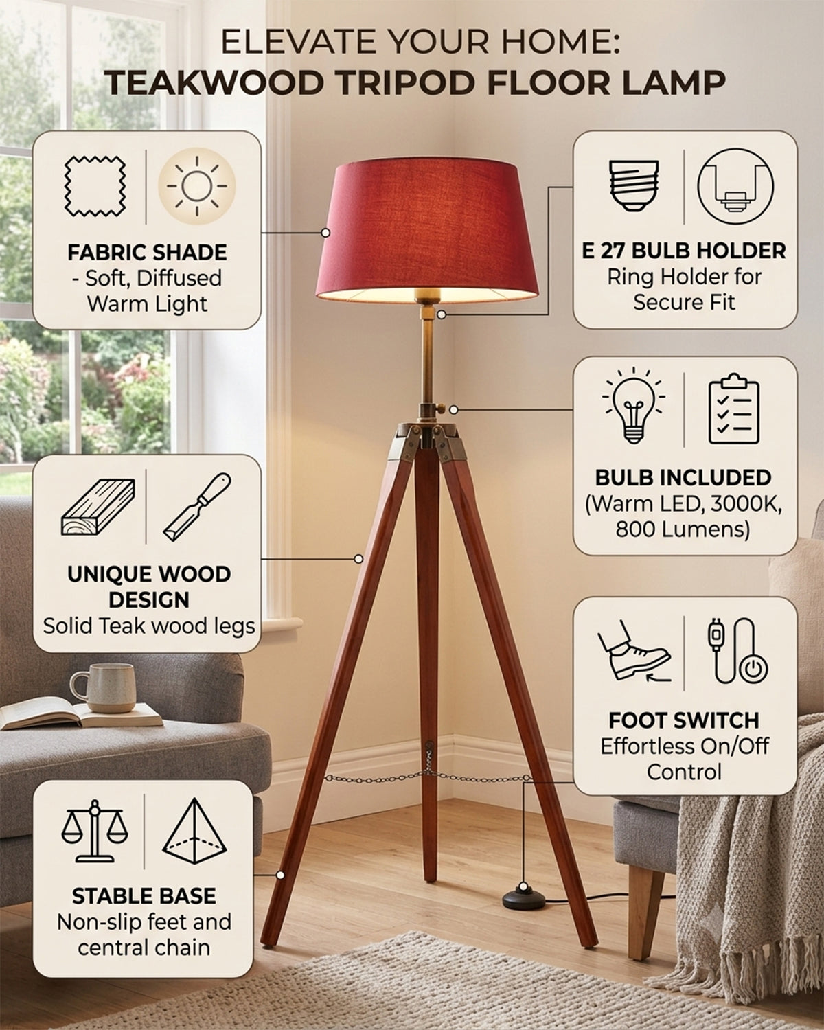 Tripod Floor Lamp with Shade Wooden, Brass Finish Industrial Nautical Marine Decorative Lamp