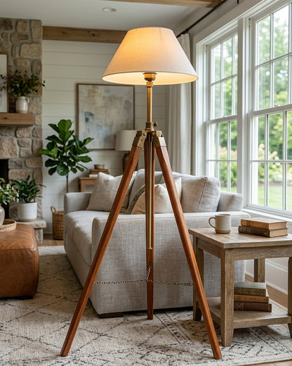 Tripod Floor Lamp with Shade Wooden, Brass Finish Industrial Nautical Marine Decorative Lamp