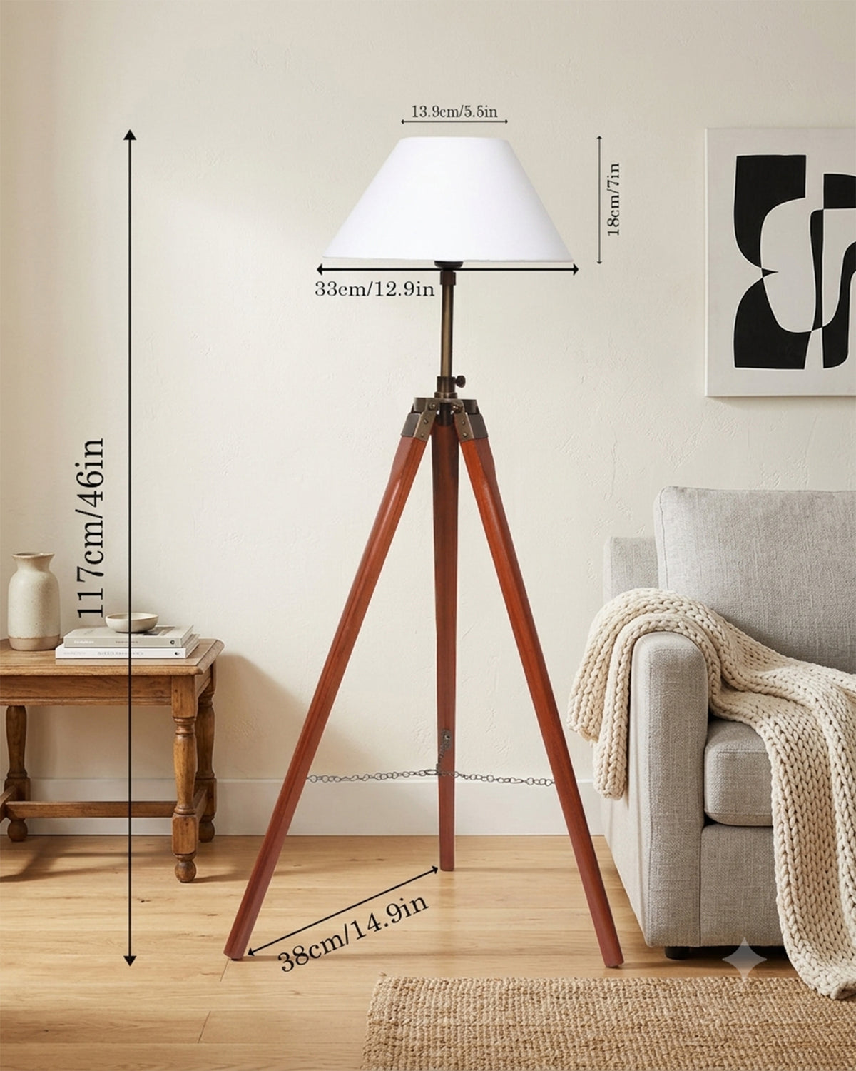 Tripod Floor Lamp with Shade Wooden, Brass Finish Industrial Nautical Marine Decorative Lamp