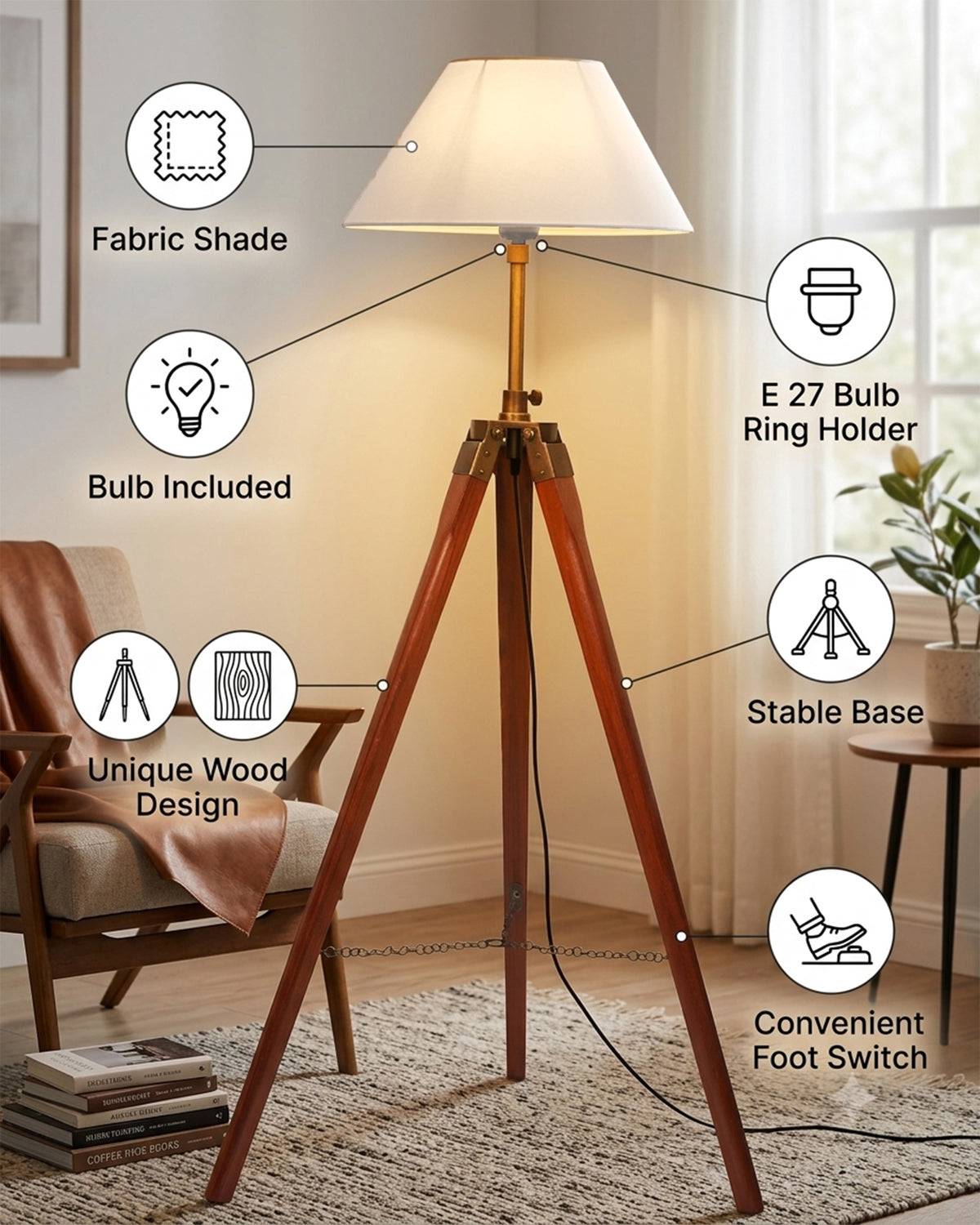 Tripod Floor Lamp with Shade Wooden, Brass Finish Industrial Nautical Marine Decorative Lamp