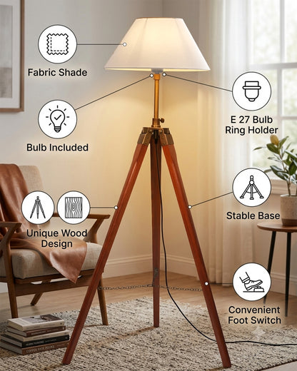 Tripod Floor Lamp with Shade Wooden, Brass Finish Industrial Nautical Marine Decorative Lamp