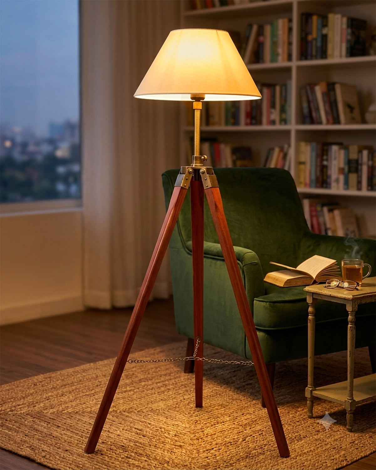 Tripod Floor Lamp with Shade Wooden, Brass Finish Industrial Nautical Marine Decorative Lamp