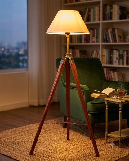 Tripod Floor Lamp with Shade Wooden, Brass Finish Industrial Nautical Marine Decorative Lamp