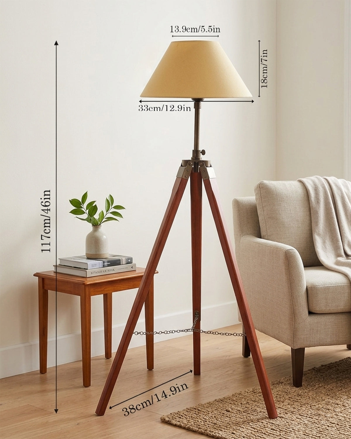 Tripod Floor Lamp with Shade Wooden, Brass Finish Industrial Nautical Marine Decorative Lamp