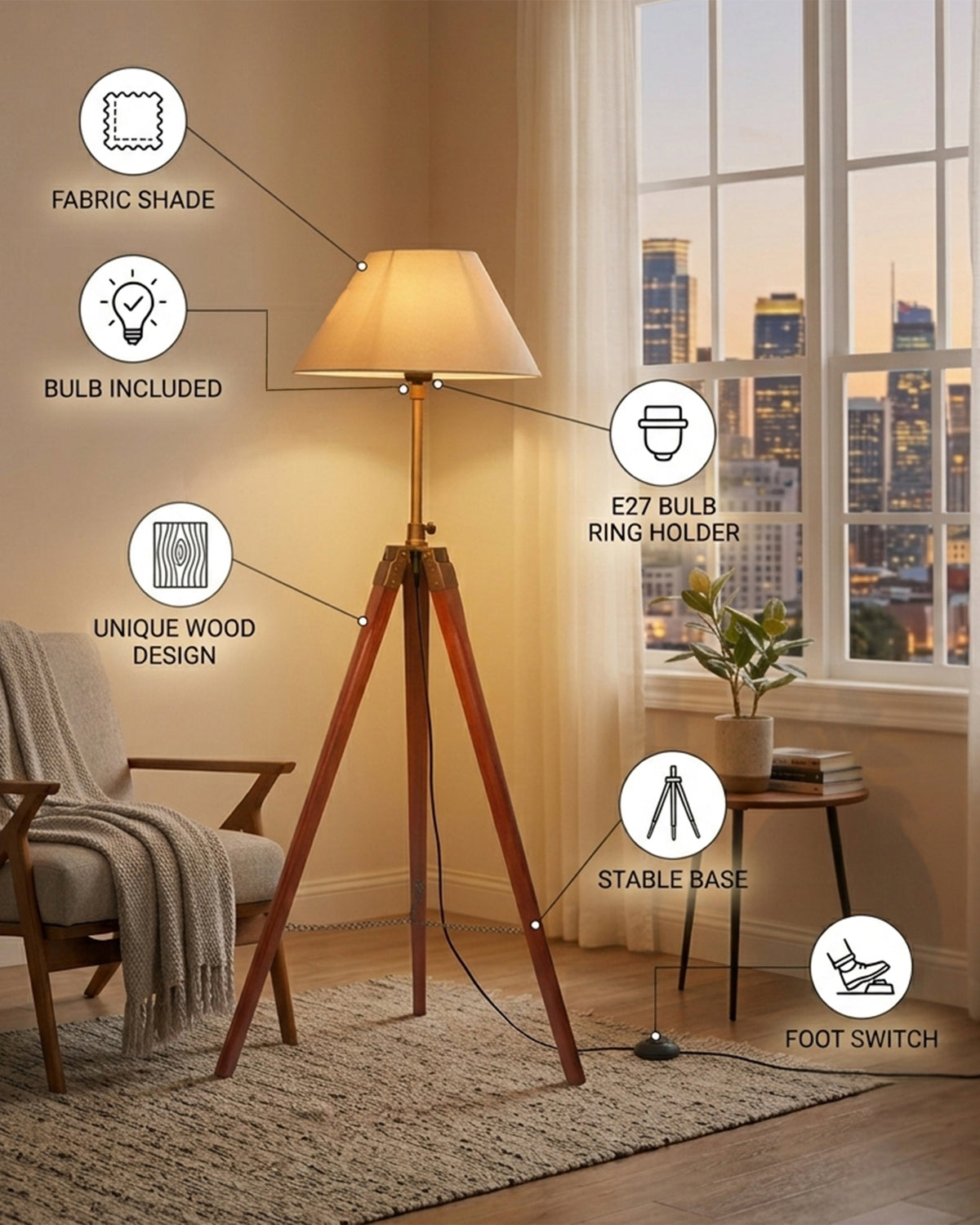 Tripod Floor Lamp with Shade Wooden, Brass Finish Industrial Nautical Marine Decorative Lamp