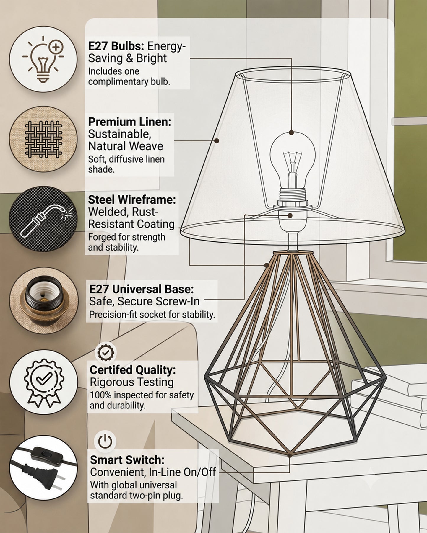 Modern Farmhouse Metal Diamond Desk Table Lamp with Light Bulb Decorative Bed Table Side Matt Black Light