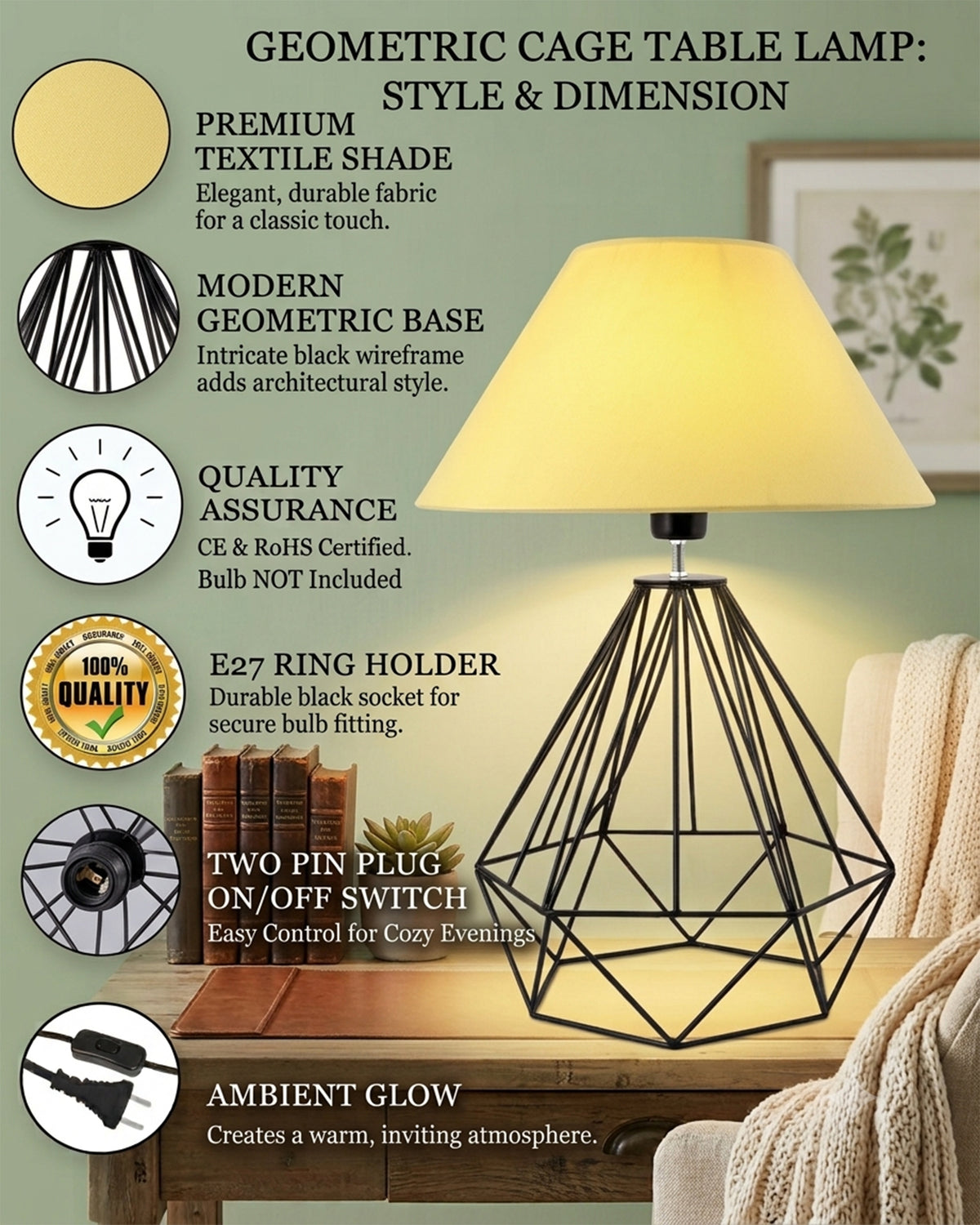 Modern Farmhouse Metal Diamond Desk Table Lamp with Light Bulb Decorative Bed Table Side Matt Black Light