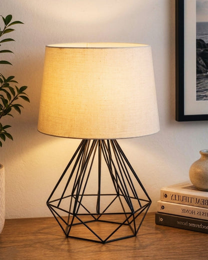 Modern Farmhouse Metal Diamond Desk Table Lamp with Light Bulb Decorative Bed Table Side Matt Black Light