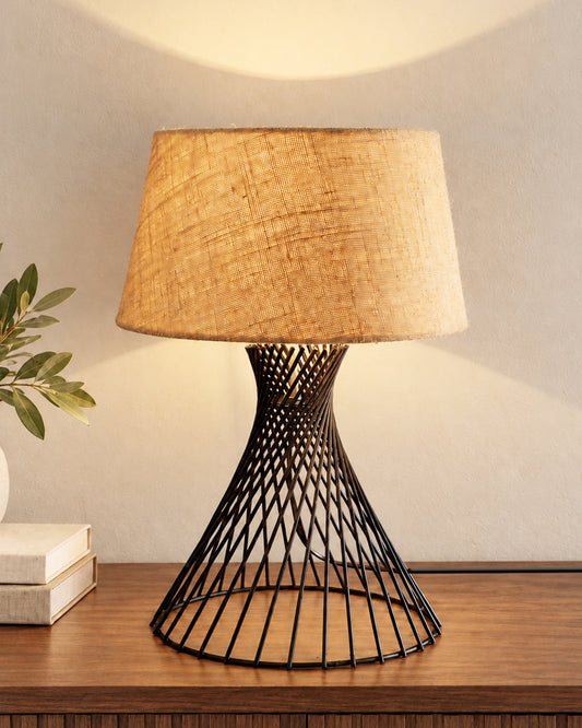 Modern Table Lamps, Spiral Metal Wire Black Base with Fabric Lampshade for Home Office Cafe Restaurant