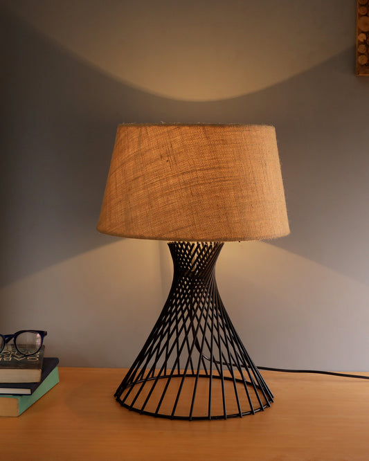 Modern Table Lamps, Spiral Metal Wire Black Base with Fabric Lampshade for Home Office Cafe Restaurant