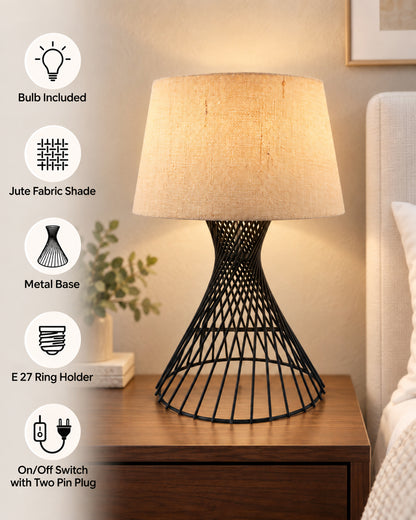 Modern Table Lamps, Spiral Metal Wire Black Base with Fabric Lampshade for Home Office Cafe Restaurant