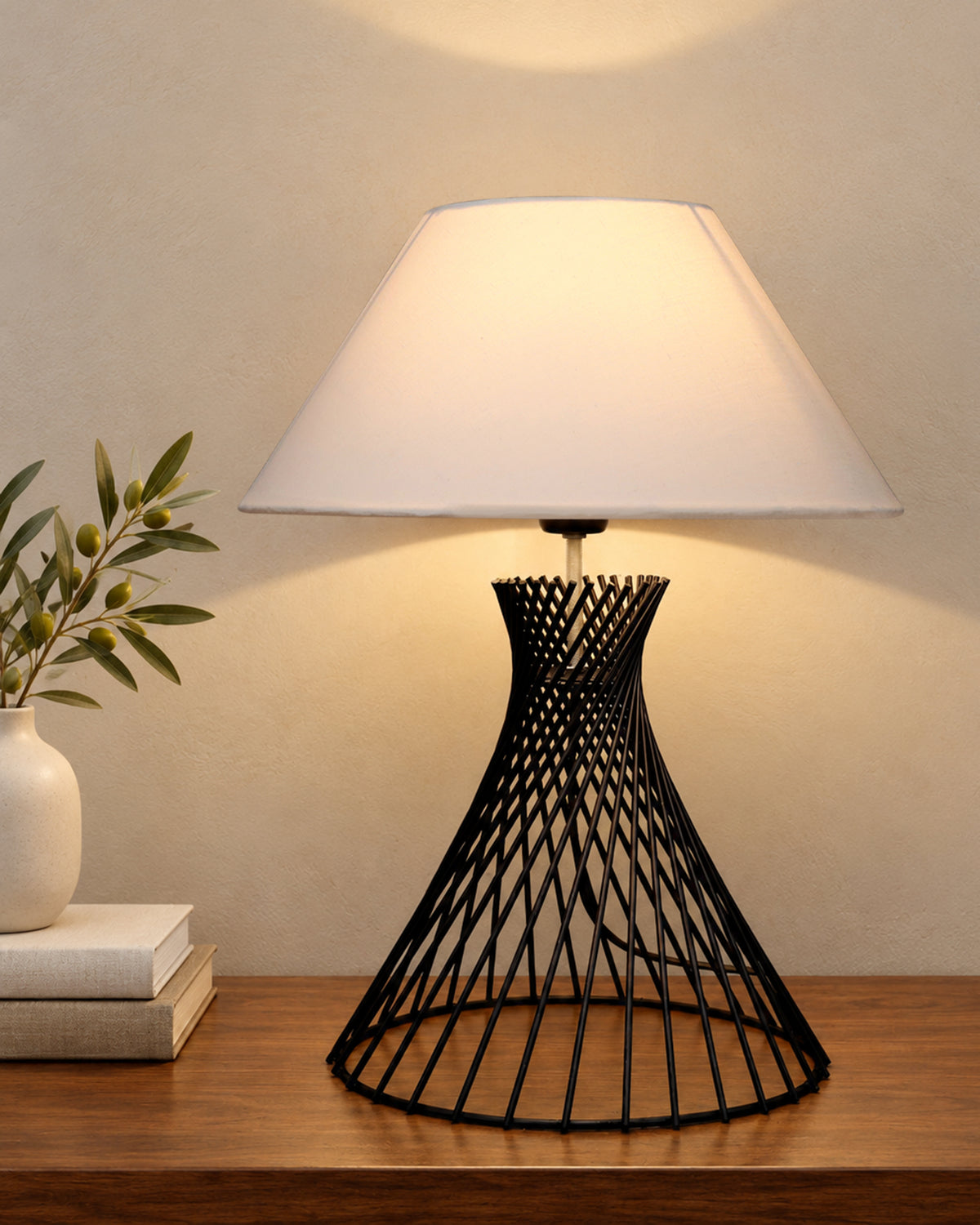 Modern Table Lamps, Spiral Metal Wire Black Base with Fabric Lampshade for Home Office Cafe Restaurant