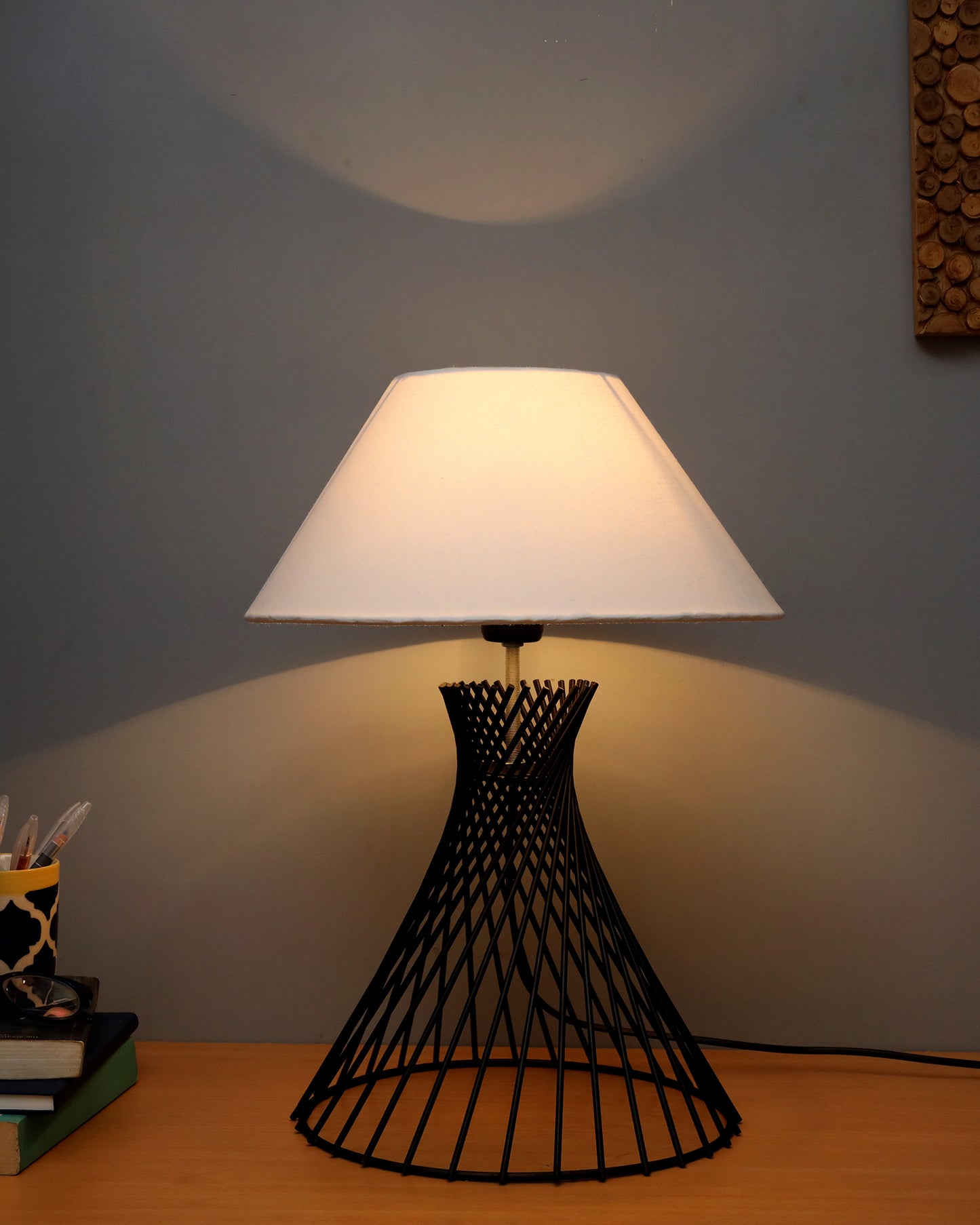 Modern Table Lamps, Spiral Metal Wire Black Base with Fabric Lampshade for Home Office Cafe Restaurant