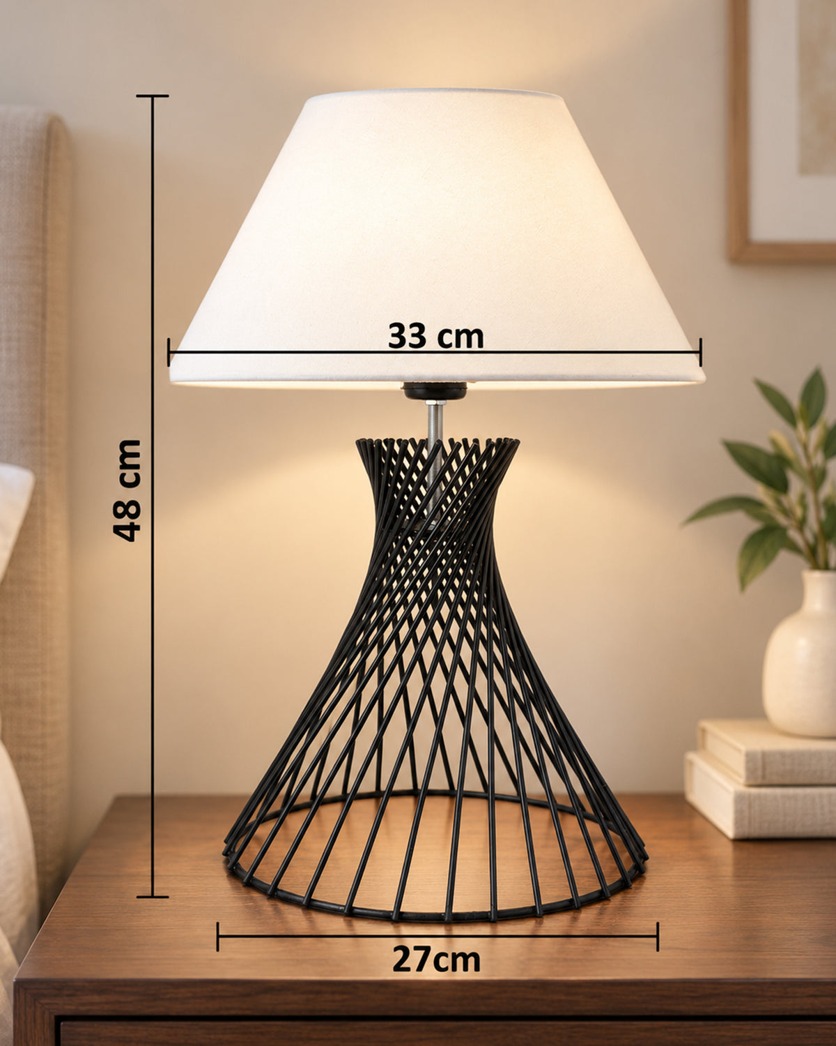Modern Table Lamps, Spiral Metal Wire Black Base with Fabric Lampshade for Home Office Cafe Restaurant