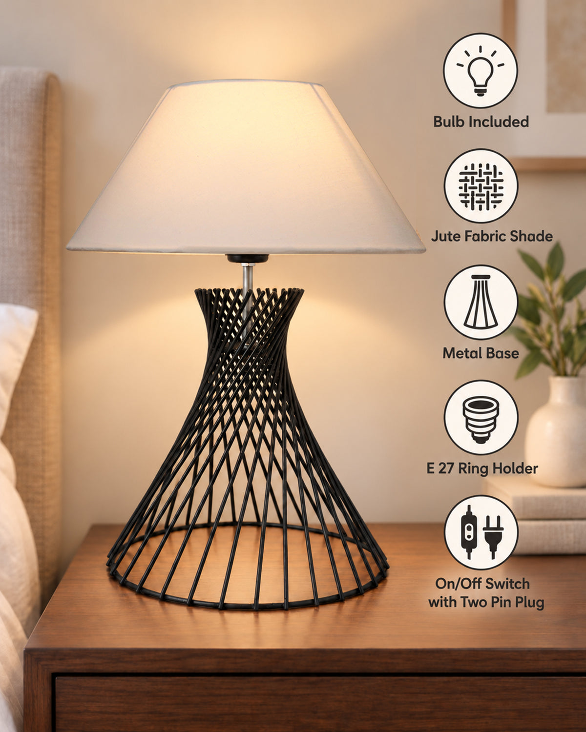 Modern Table Lamps, Spiral Metal Wire Black Base with Fabric Lampshade for Home Office Cafe Restaurant