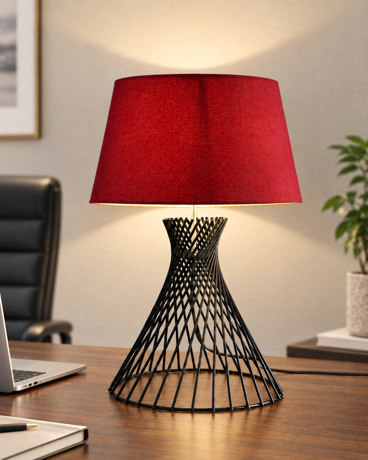 Modern Table Lamps, Spiral Metal Wire Black Base with Fabric Lampshade for Home Office Cafe Restaurant