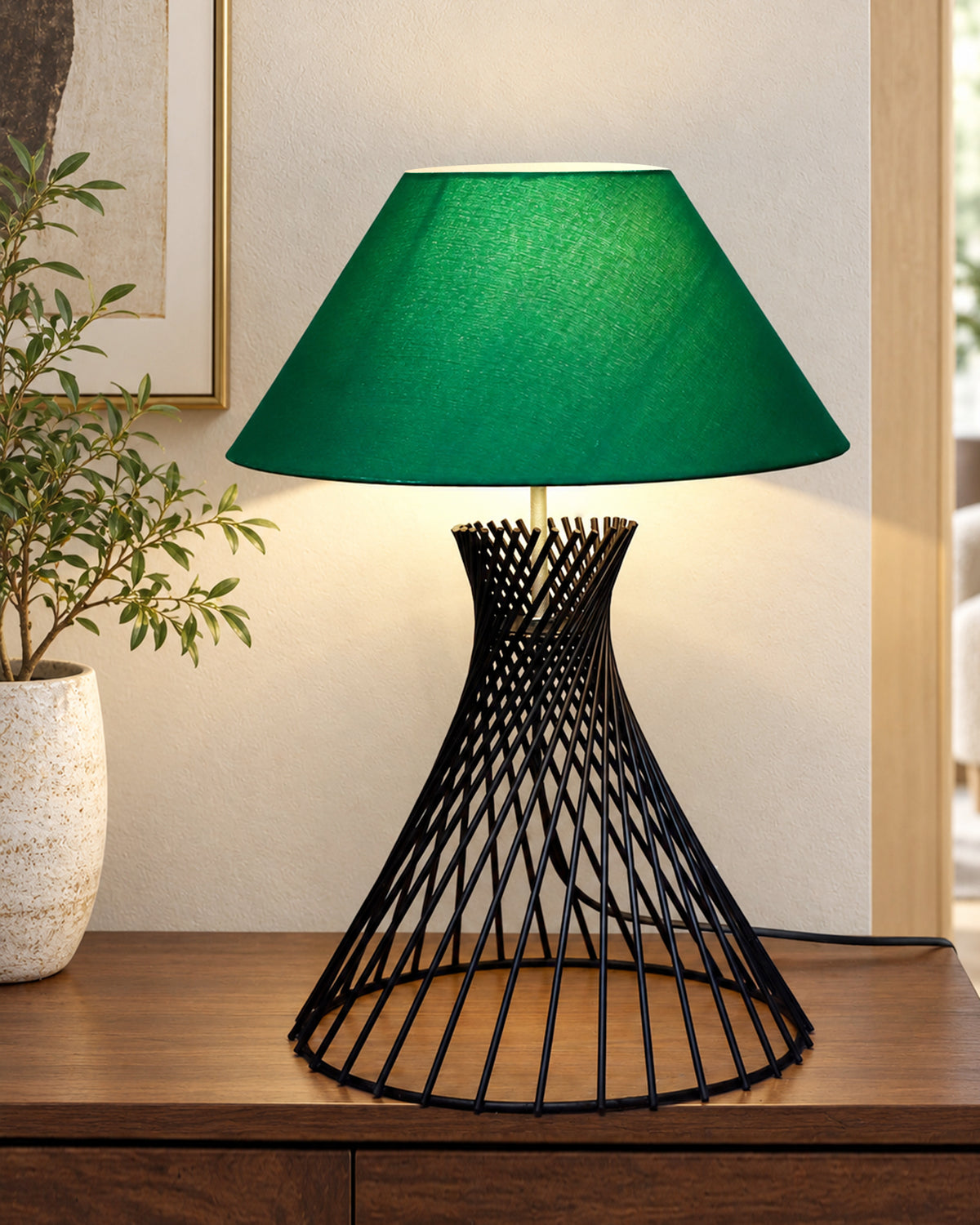 Modern Table Lamps, Spiral Metal Wire Black Base with Fabric Lampshade for Home Office Cafe Restaurant