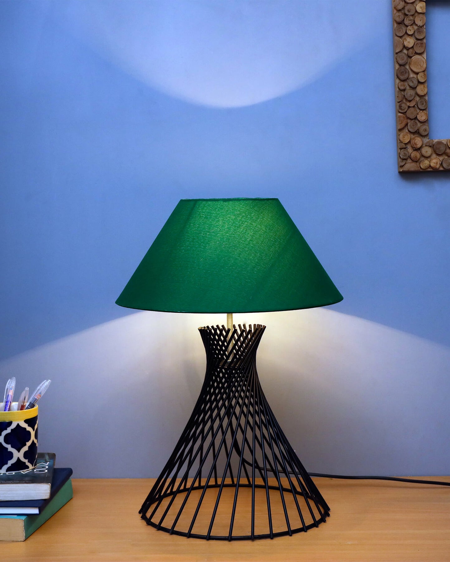 Modern Table Lamps, Spiral Metal Wire Black Base with Fabric Lampshade for Home Office Cafe Restaurant
