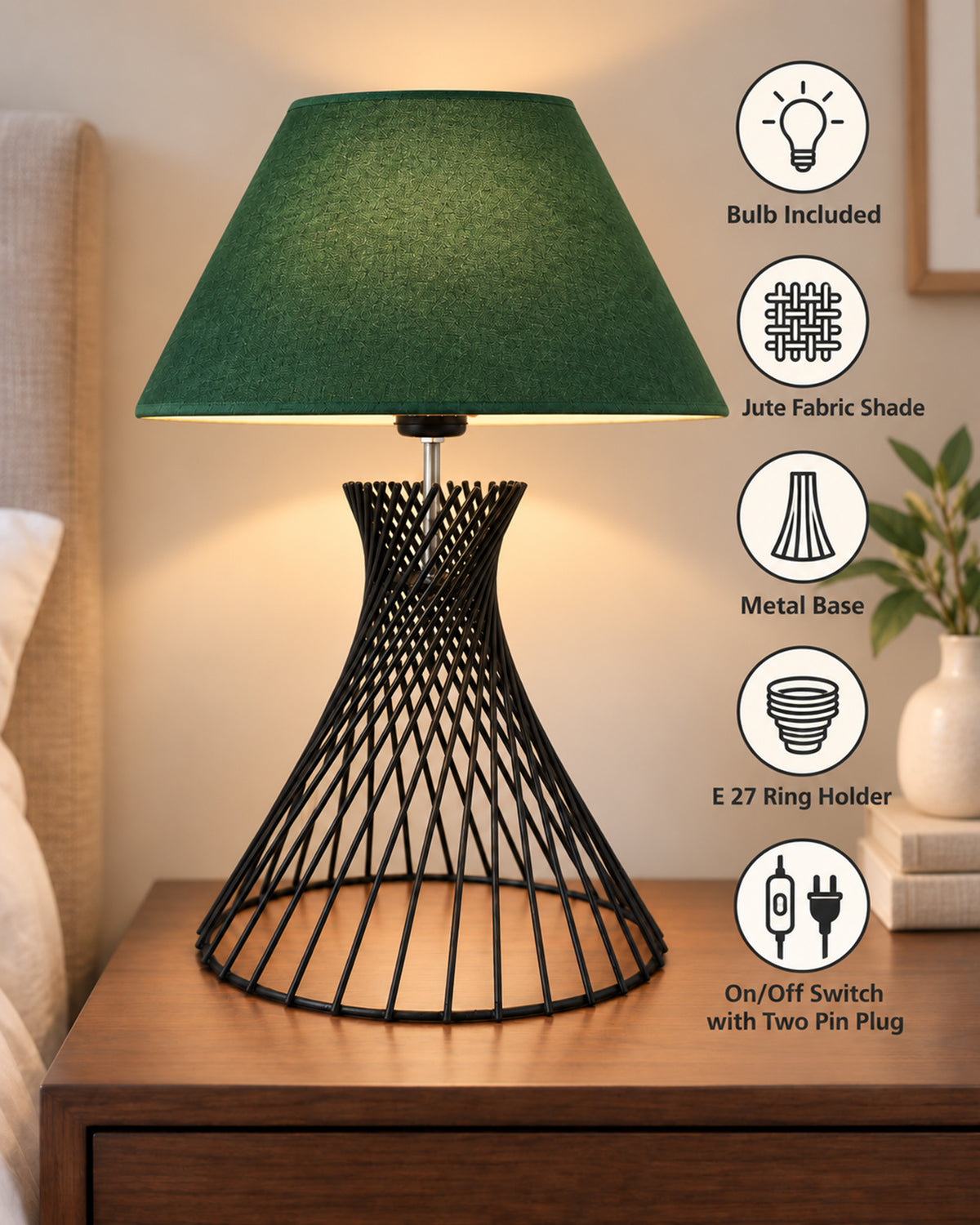 Modern Table Lamps, Spiral Metal Wire Black Base with Fabric Lampshade for Home Office Cafe Restaurant