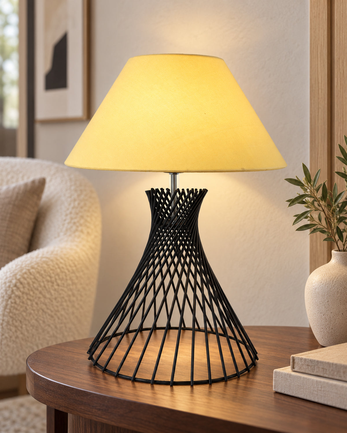 Modern Table Lamps, Spiral Metal Wire Black Base with Fabric Lampshade for Home Office Cafe Restaurant