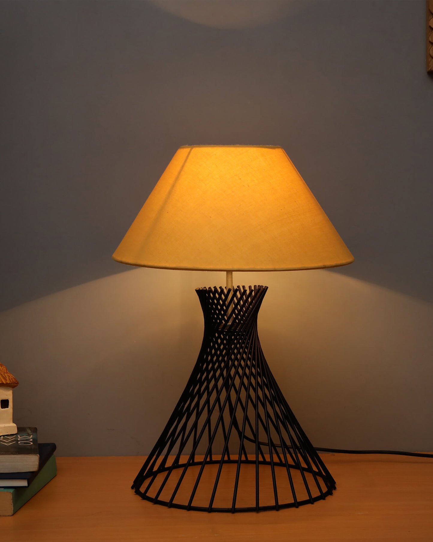 Modern Table Lamps, Spiral Metal Wire Black Base with Fabric Lampshade for Home Office Cafe Restaurant