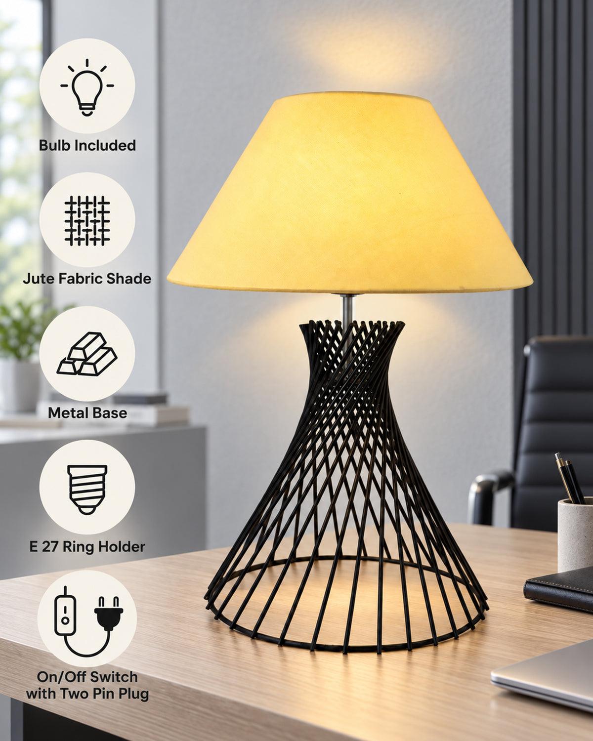 Modern Table Lamps, Spiral Metal Wire Black Base with Fabric Lampshade for Home Office Cafe Restaurant