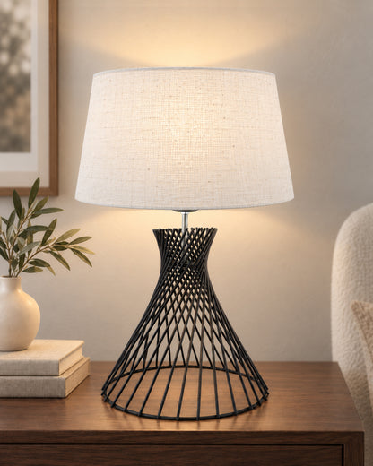 Modern Table Lamps, Spiral Metal Wire Black Base with Fabric Lampshade for Home Office Cafe Restaurant