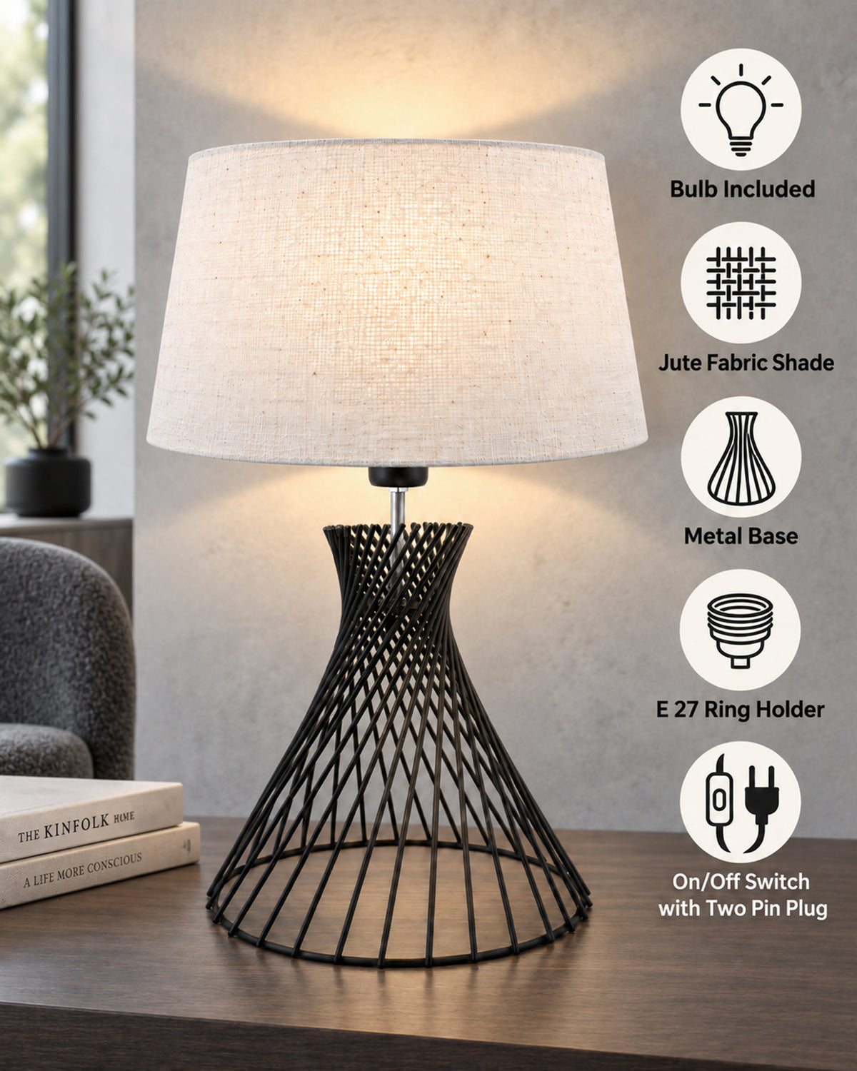 Modern Table Lamps, Spiral Metal Wire Black Base with Fabric Lampshade for Home Office Cafe Restaurant