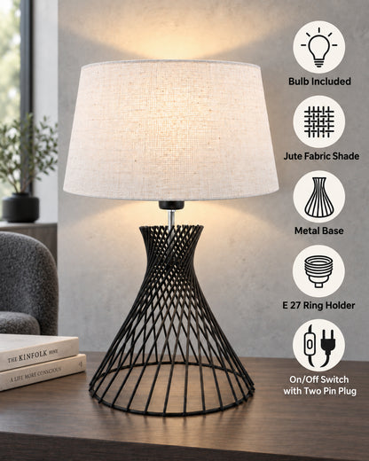 Modern Table Lamps, Spiral Metal Wire Black Base with Fabric Lampshade for Home Office Cafe Restaurant