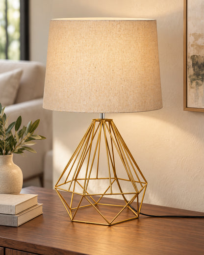 Modern Farmhouse Metal Diamond Desk Table Lamp with Light Bulb Decorative Bed Table Side Golden Light