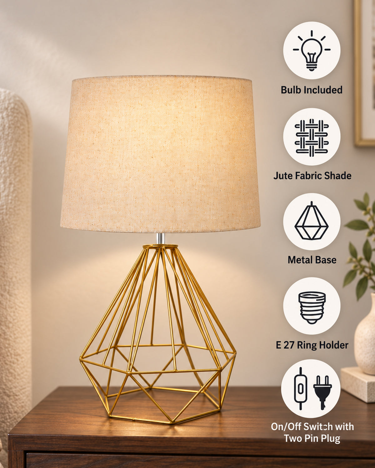Modern Farmhouse Metal Diamond Desk Table Lamp with Light Bulb Decorative Bed Table Side Golden Light