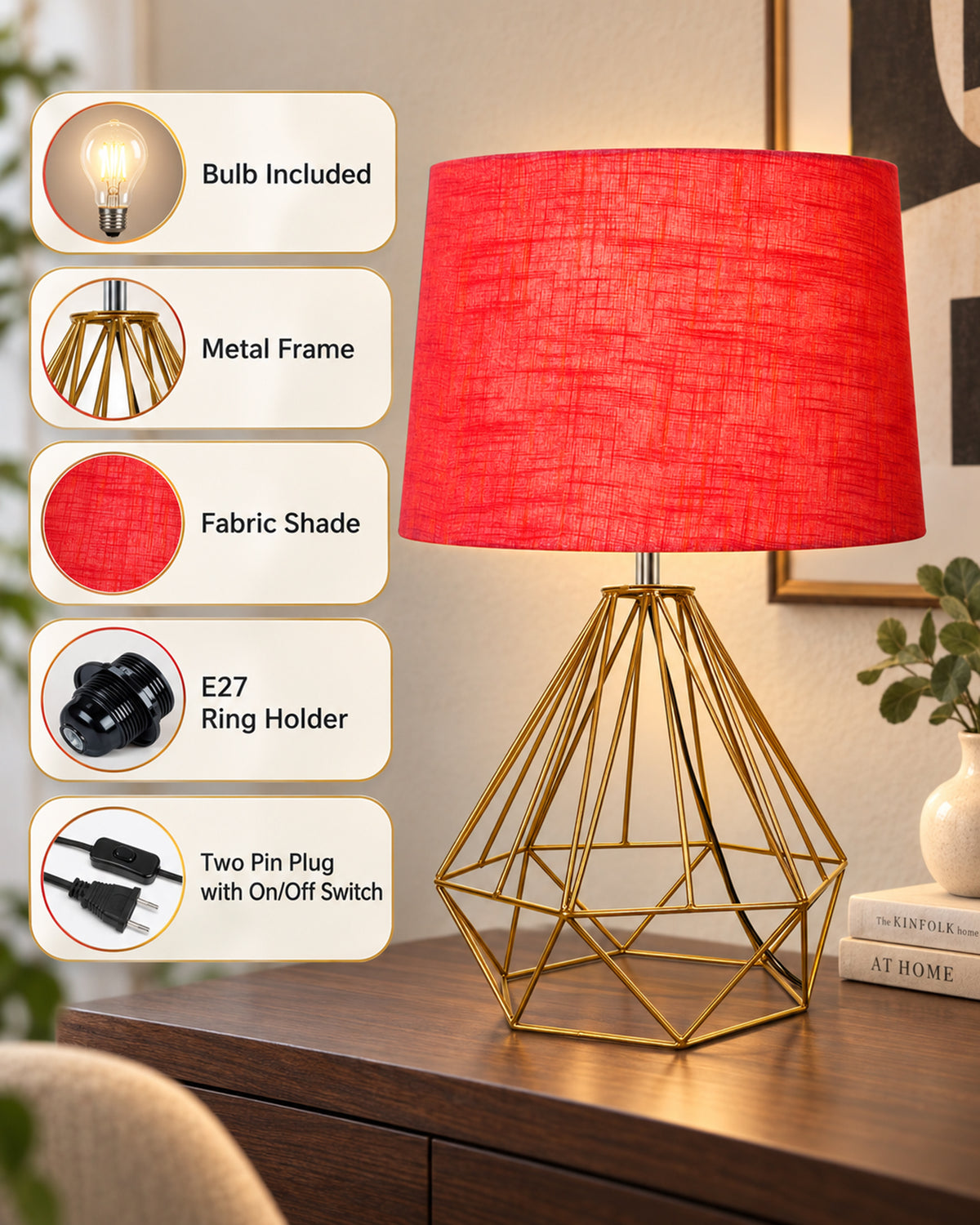 Modern Farmhouse Metal Diamond Desk Table Lamp with Light Bulb Decorative Bed Table Side Golden Light