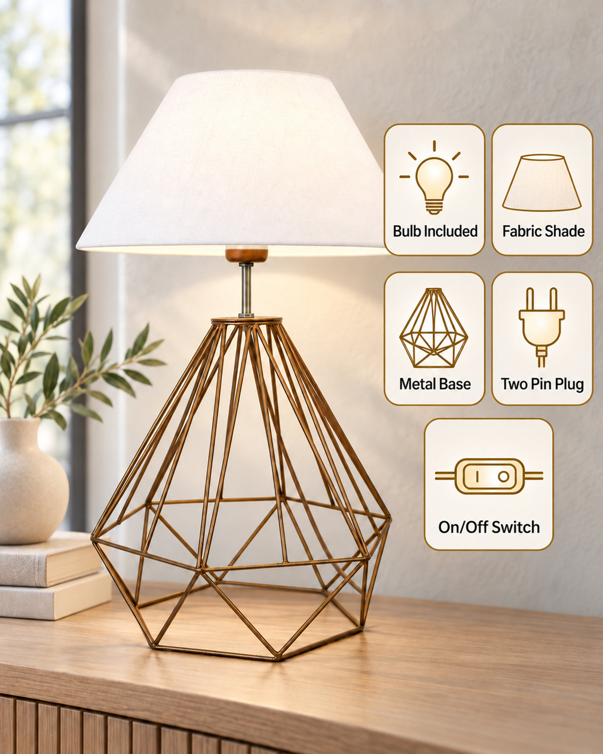 Modern Farmhouse Metal Diamond Desk Table Lamp with Light Bulb Decorative Bed Table Side Golden Light