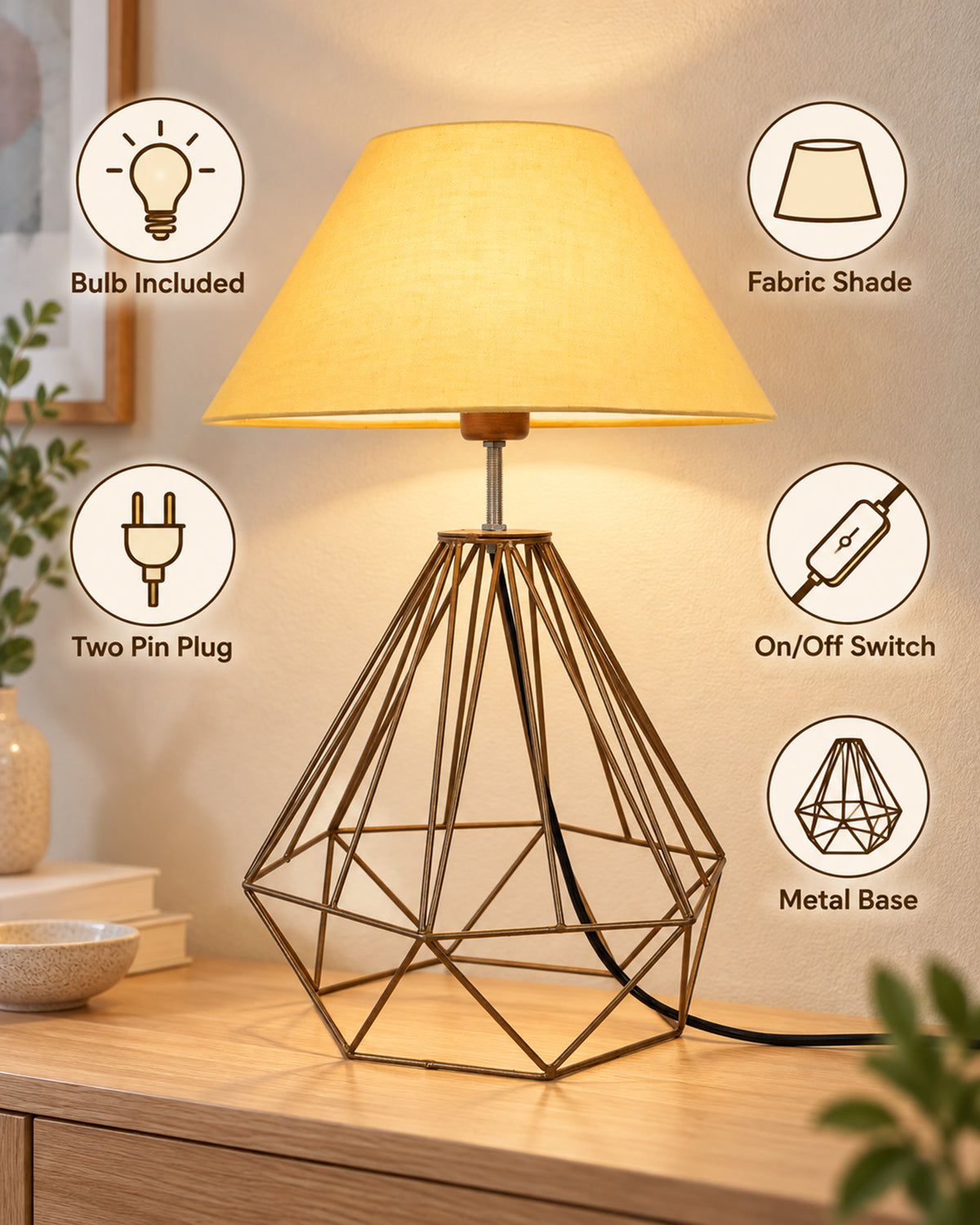 Modern Farmhouse Metal Diamond Desk Table Lamp with Light Bulb Decorative Bed Table Side Golden Light