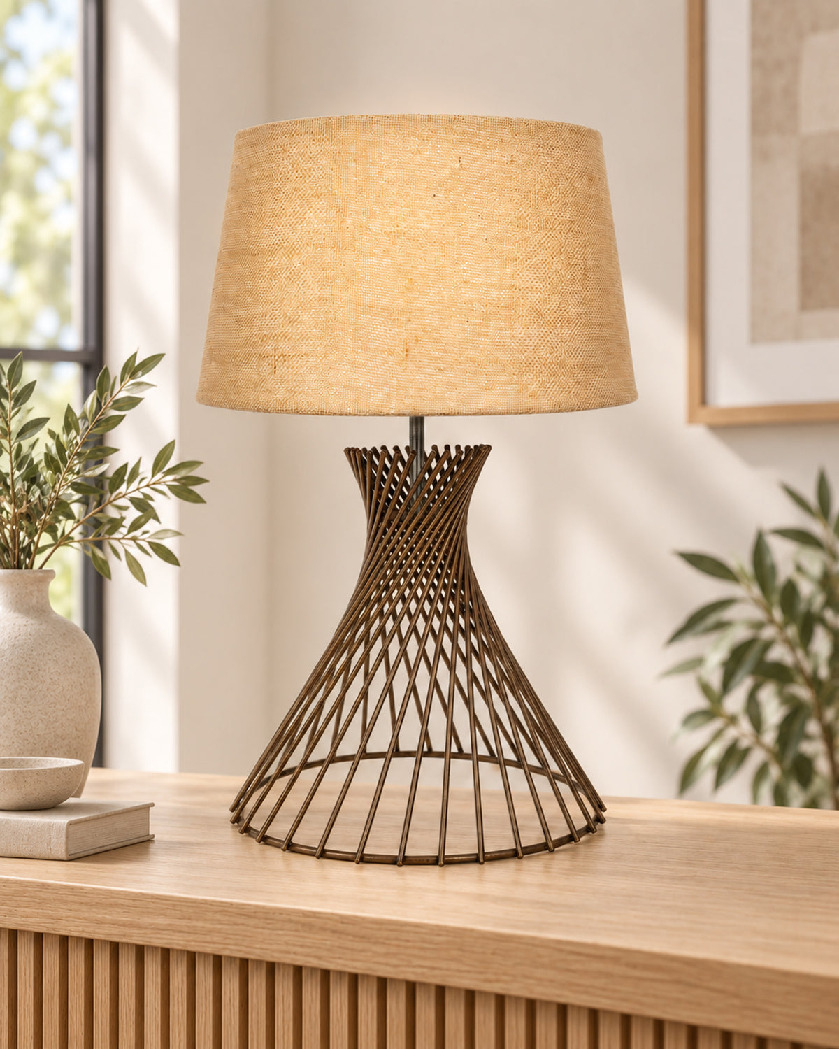 Modern Table Lamps, Spiral Metal Wire Golden Base with Fabric Lampshade for Home Office Cafe Restaurant